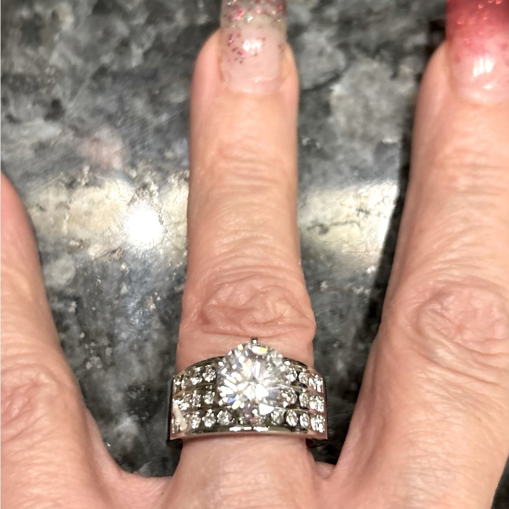 Crystal Triple-Row Ring in Fine Silver Plate-Size 7